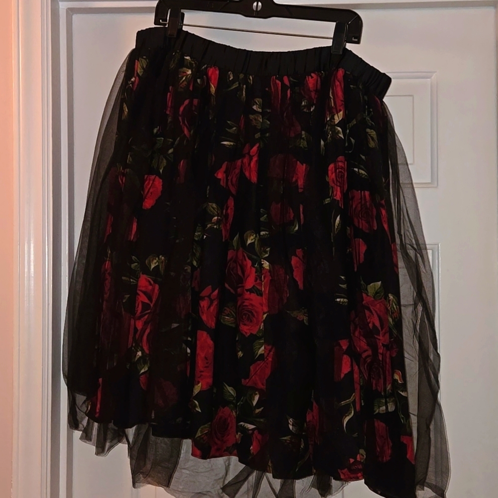 Society Plus Black and Red Floral Midi Skirt